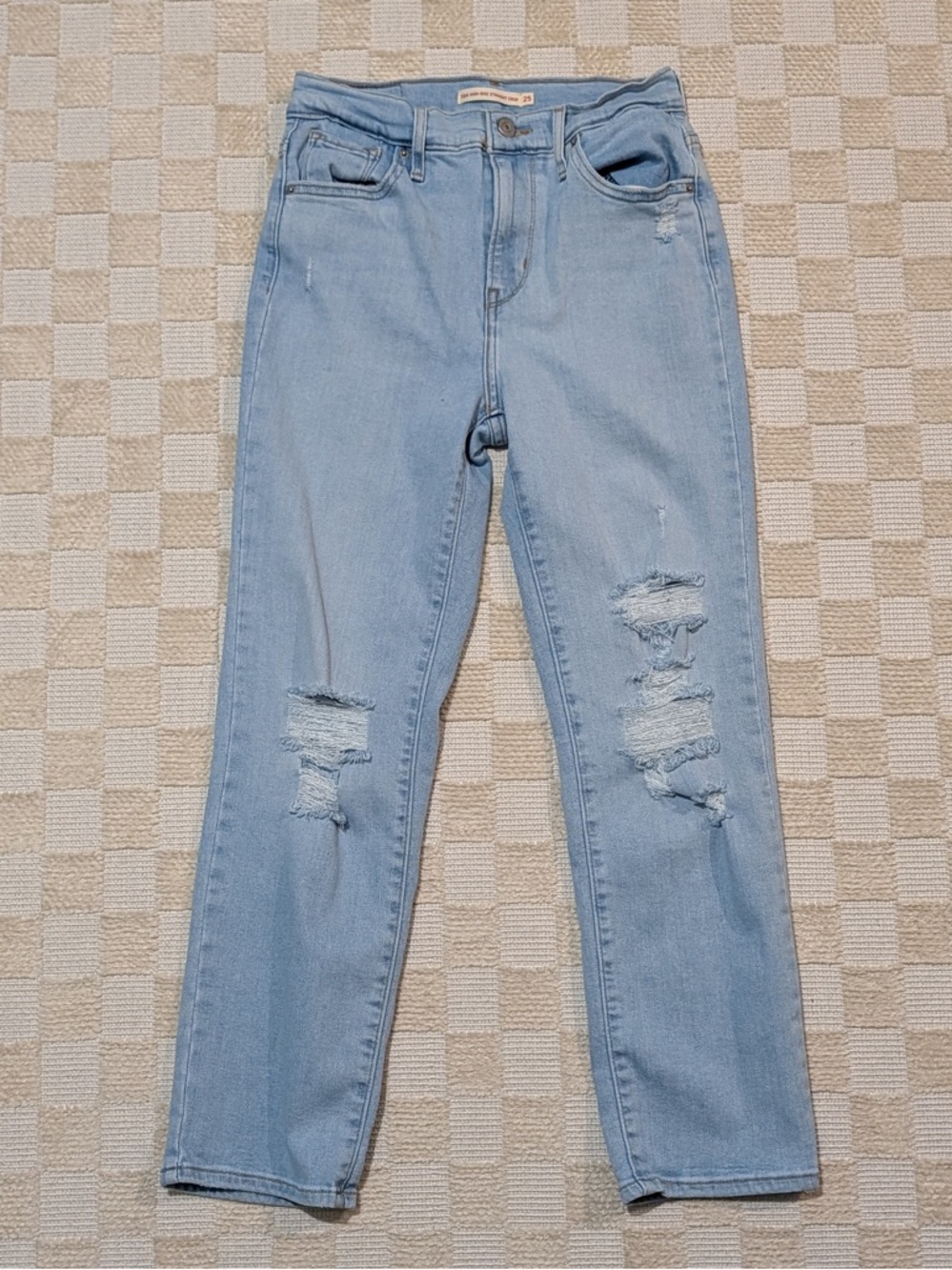 Levi’s Women’s 724 High Rise Straight Crop Light Blue Distressed Jeans